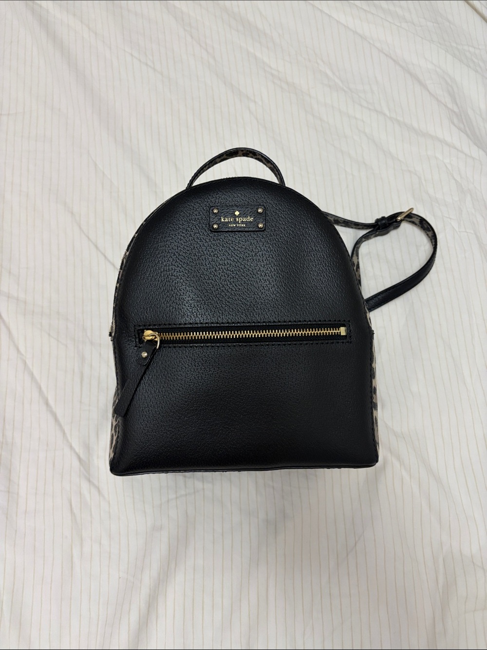 kate spade Black Pebbled Leather Mini Backpack with Leopard Trim